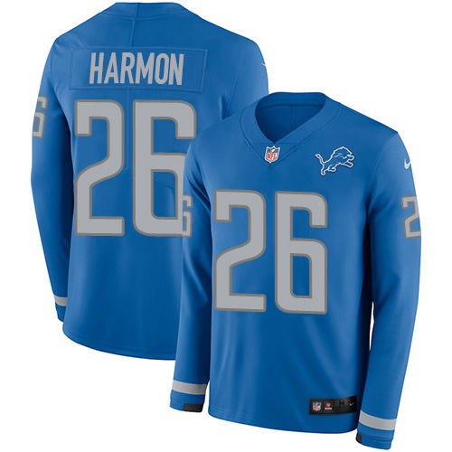 Detroit Lions #26 Duron Harmon Blue Team Color Men's Stitched Limited Therma Long Sleeve Jersey Men's