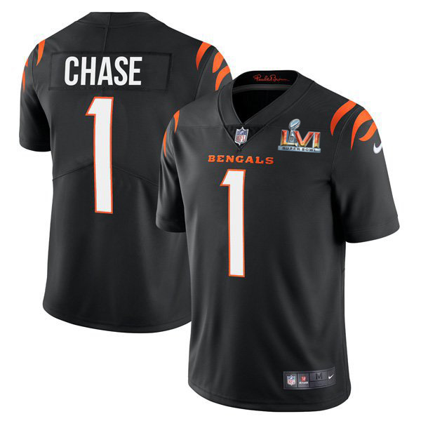 Cincinnati Bengals #1 Ja'Marr Chase Black Super Bowl LVI Patch Youth Vapor Limited Jersey