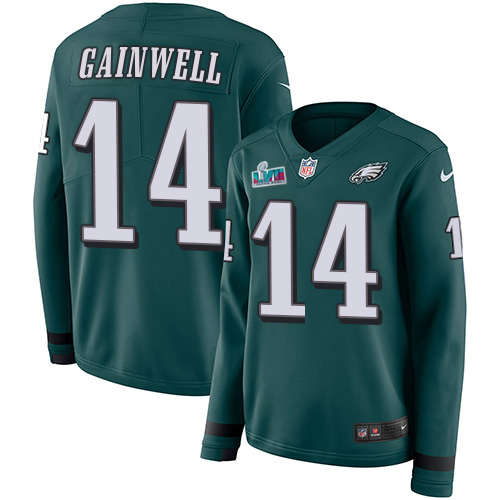 Eagles #14 Kenneth Gainwell Green Team Color Super Bowl LVII Patch Women's Stitched Limited Therma Long Sleeve Jersey