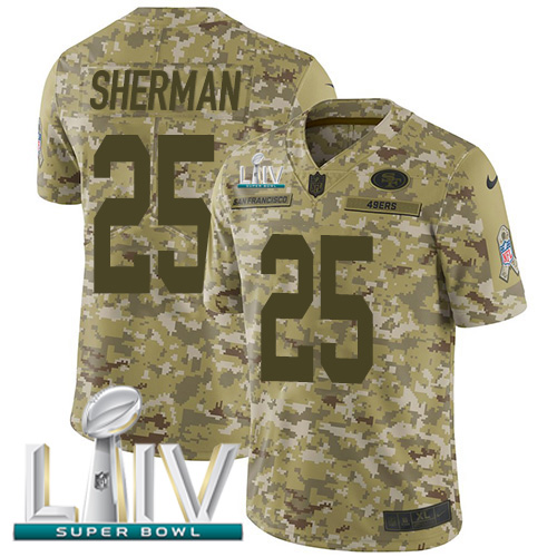 San Francisco 49ers #25 Richard Sherman Camo Super Bowl LIV 2020 Youth Stitched Limited 2018 Salute To Service Jersey Youth