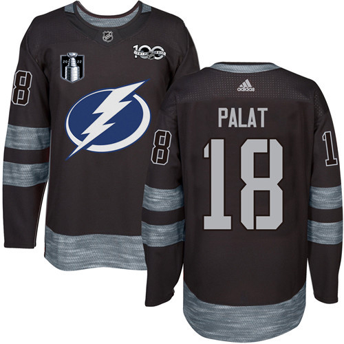 Adidas Tampa Bay Lightning #18 Ondrej Palat Black 2022 Stanley Cup Final Patch 100th Anniversary Stitched Jersey Men's