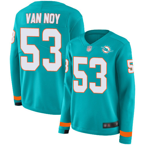 Miami Dolphins #53 Kyle Van Noy Aqua Green Team Color Women's Stitched Limited Therma Long Sleeve Jersey Womens