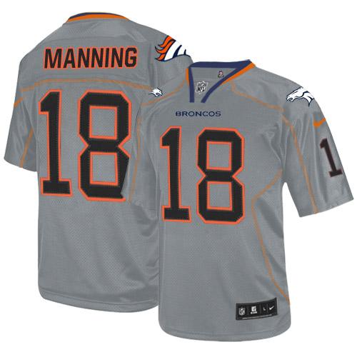 Broncos #18 Peyton Manning Lights Out Grey Men's Stitched Elite Jersey