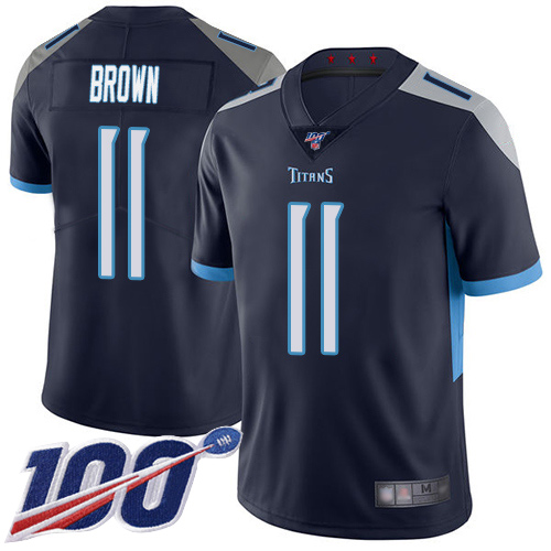 Tennessee Titans #11 A.J. Brown Navy Blue Team Color Men's Stitched 100th Season Vapor Limited Jersey Men's