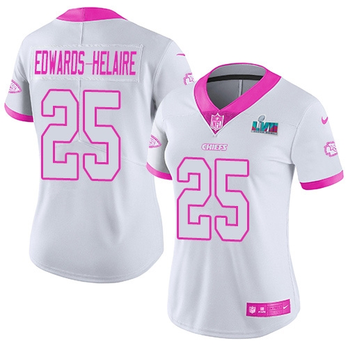 Chiefs #25 Clyde Edwards-Helaire White/Pink Super Bowl LVII Patch Women's Stitched Limited Rush Fashion Jersey