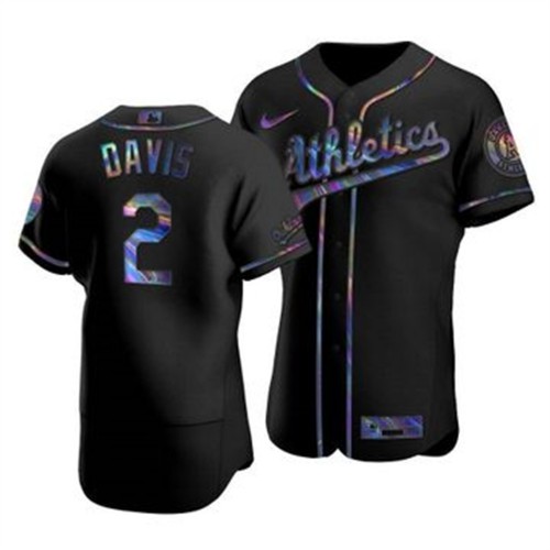 Oakland Oakland Athletics #2 Khris Davis Men's Iridescent Holographic Collection Jersey - Black Men's