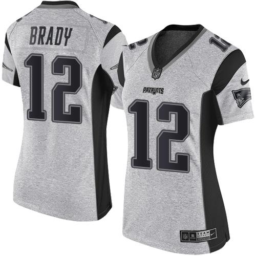 Patriots #12 Tom Brady Gray Women's Stitched Limited Gridiron Gray II Jersey