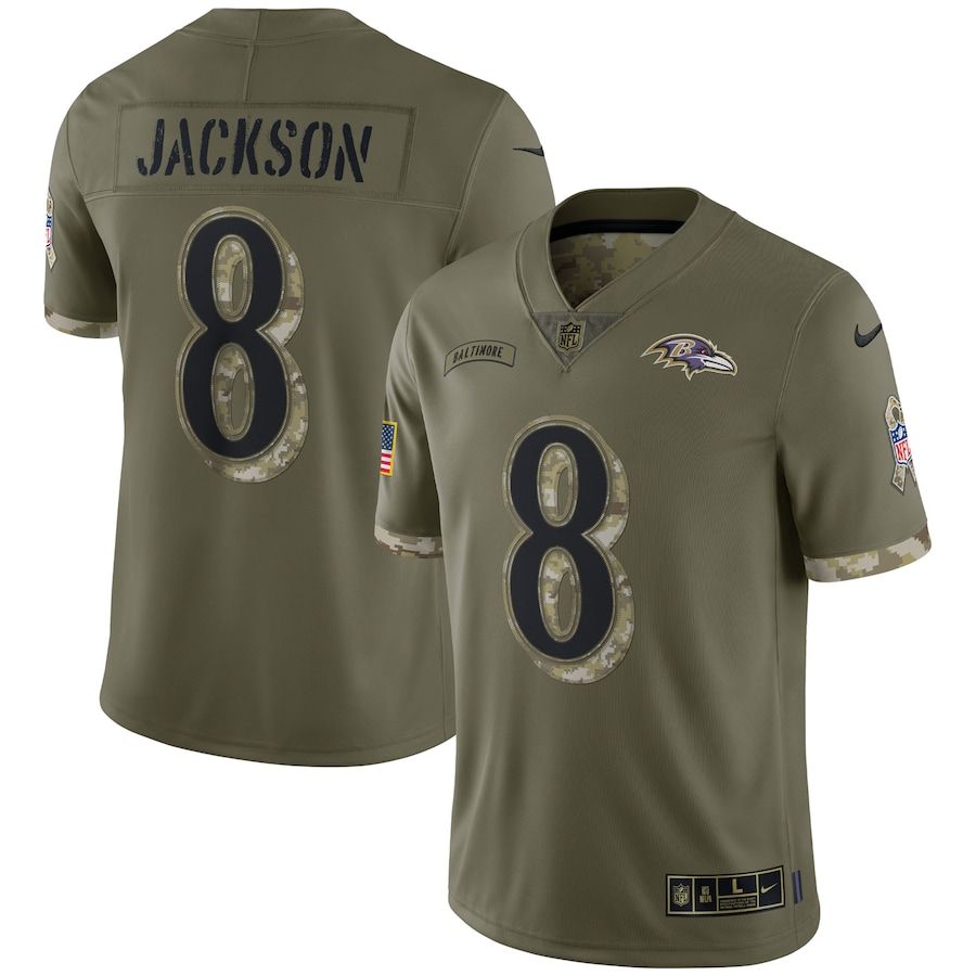 Baltimore Ravens #8 Lamar Jackson Men's 2022 Salute To Service Limited Jersey - Olive