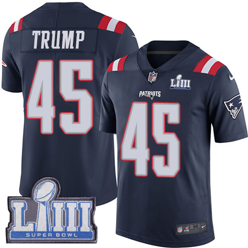 New England Patriots #45 Donald Trump Navy Blue Super Bowl LIII Bound Youth Stitched Limited Rush Jersey Youth