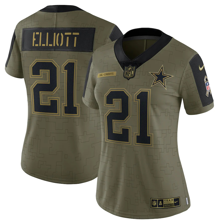 Dallas Cowboys #21 Ezekiel Elliott Olive Women's 2021 Salute To Service Limited Player Jersey