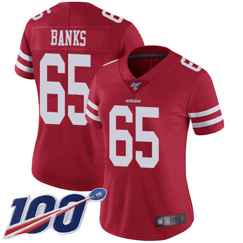 San Francisco 49ers #65 Aaron Banks Red Team Color Women's Stitched 100th Season Vapor Limited Jersey Womens