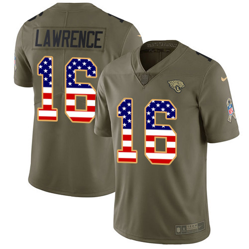 Jaguars #16 Trevor Lawrence Olive/USA Flag Men's Stitched Limited 2017 Salute To Service Jersey