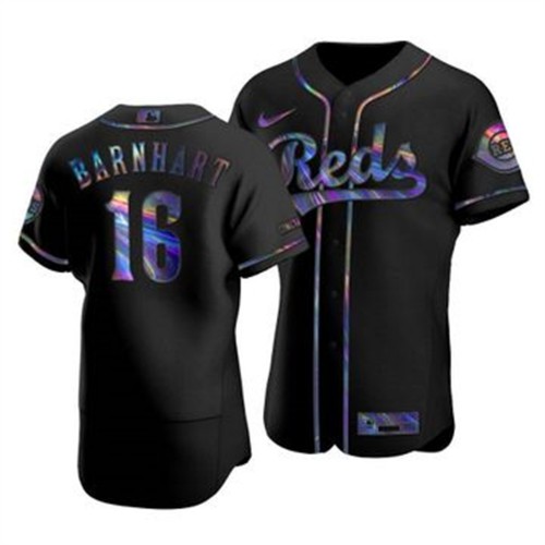 Cincinnati Cincinnati Reds #16 Tucker Barnhart Men's Iridescent Holographic Collection Jersey - Black Men's