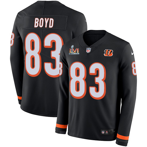 Bengals #83 Tyler Boyd Black Team Color Super Bowl LVI Patch Men's Stitched Limited Therma Long Sleeve Jersey