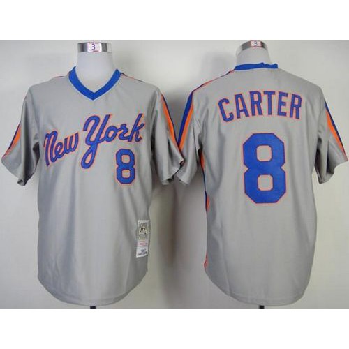 Mitchell And Ness New York Mets #8 Gary Carter Grey Throwback Stitched Jersey Men's