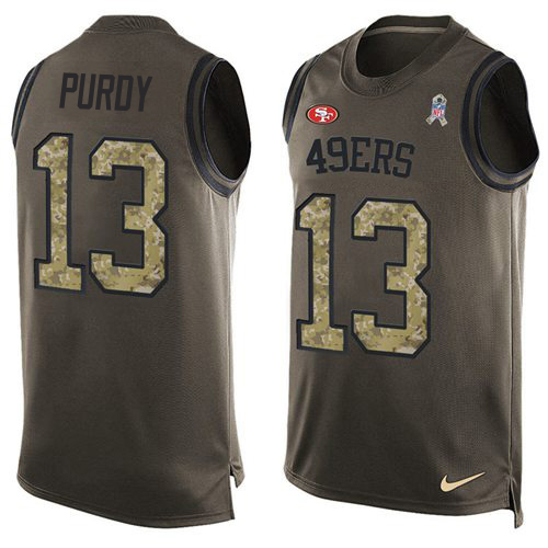 49ers #13 Brock Purdy Green Men's Stitched Limited Salute To Service Tank Top Jersey
