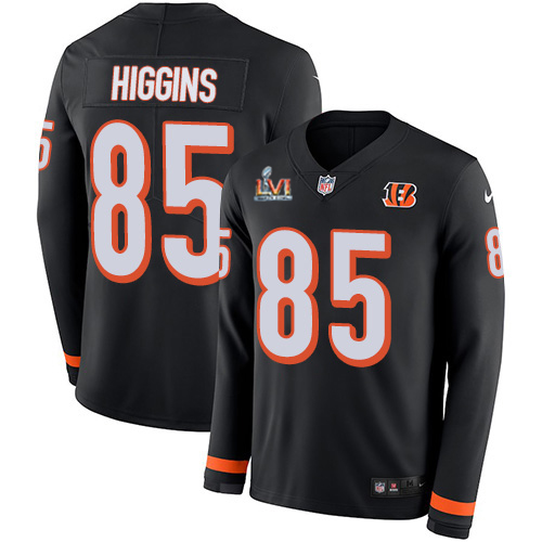 Bengals #85 Tee Higgins Black Team Color Super Bowl LVI Patch Youth Stitched Limited Therma Long Sleeve Jersey