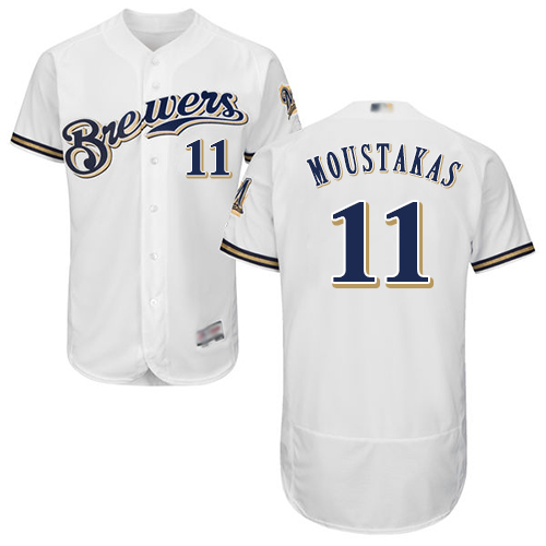 Milwaukee Brewers #11 Mike Moustakas White Flexbase Authentic Collection Stitched Jersey Men's