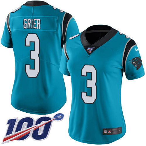 Carolina Panthers #3 Will Grier Blue Women's Stitched Limited Rush 100th Season Jersey Womens