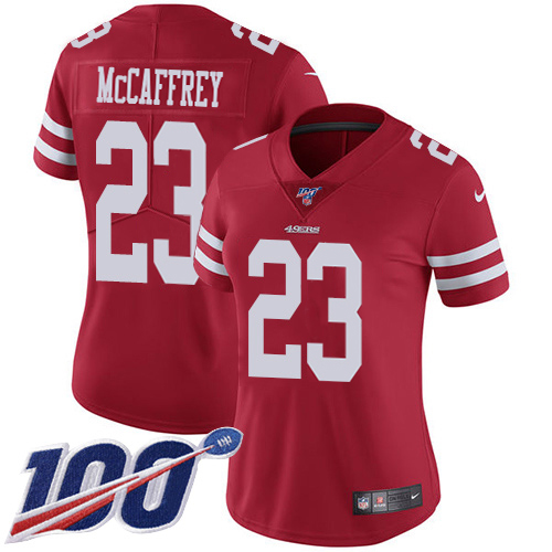 49ers #23 Christian McCaffrey Red Team Color Women's Stitched 100th Season Vapor Limited Jersey