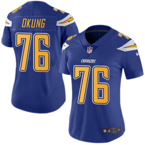 Los Angeles Chargers #76 Russell Okung Electric Blue Women's Stitched Limited Rush Jersey Womens
