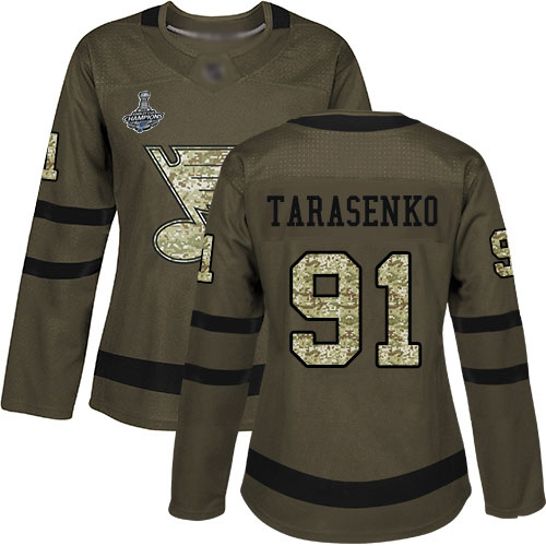 Adidas St. Louis Blues #91 Vladimir Tarasenko Green Salute to Service Stanley Cup Champions Women's Stitched Jersey Womens