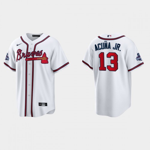 Atlanta Atlanta Braves #13 Ronald Acuna Jr. Men's 2021 World Series Champions Patch Game Jersey - White Men's