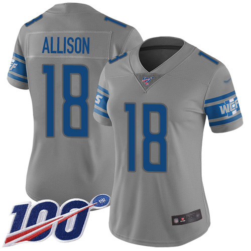 Detroit Lions #18 Geronimo Allison Gray Women's Stitched Limited Inverted Legend 100th Season Jersey Womens