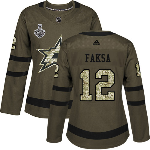 Adidas Dallas Stars #12 Radek Faksa Green Salute to Service Women's 2020 Stanley Cup Final Stitched Jersey Womens