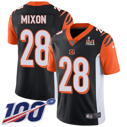 Bengals #28 Joe Mixon Black Team Color Super Bowl LVI Patch Men's Stitched 100th Season Vapor Limited Jersey