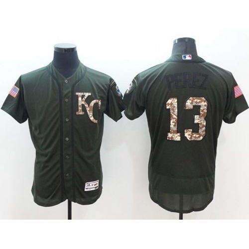 Kansas City Royals #13 Salvador Perez Green Flexbase Authentic Collection Salute to Service Stitched Jersey Men's
