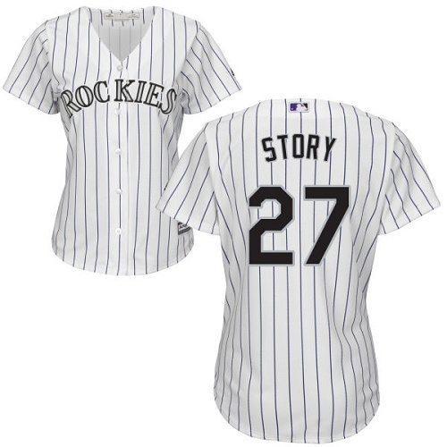 Colorado Rockies #27 Trevor Story White Strip Home Women's Stitched Jersey Womens