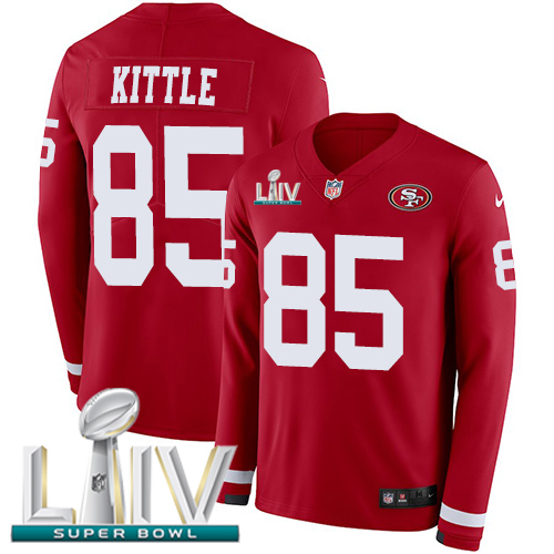 49ers #85 George Kittle Red Super Bowl LIV 2020 Team Color Youth Stitched Limited Therma Long Sleeve Jersey