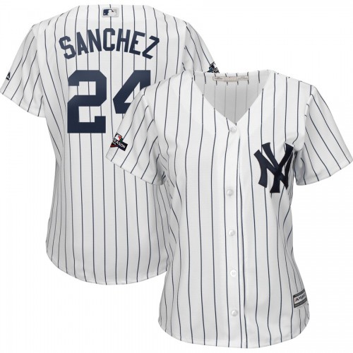 New York New York Yankees #24 Gary Sanchez Majestic Women's 2019 Postseason Official Cool Base Player Jersey White Navy Womens