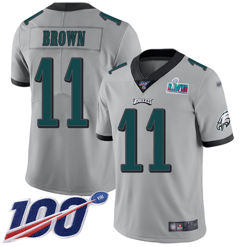 Eagles #11 A.J. Brown Silver Super Bowl LVII Patch Men's Stitched Limited Inverted Legend 100th Season Jersey