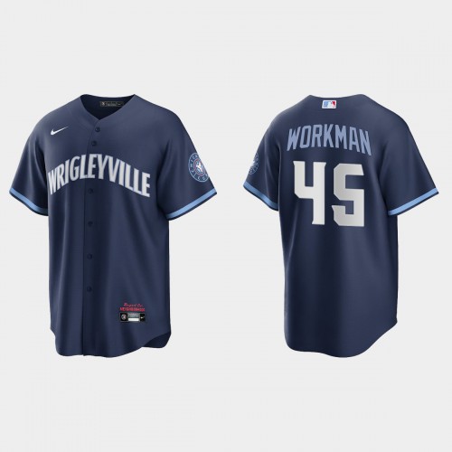 Chicago Chicago Cubs #45 Brandon Workman Men's 2021 City Connect Fans Version Navy Jersey Men's