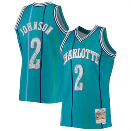 Charlotte Hornets #2 Larry Johnson Mitchell & Ness 1996-97 Hardwood Classics 75th Anniversary Diamond Swingman Jersey - Teal Mens