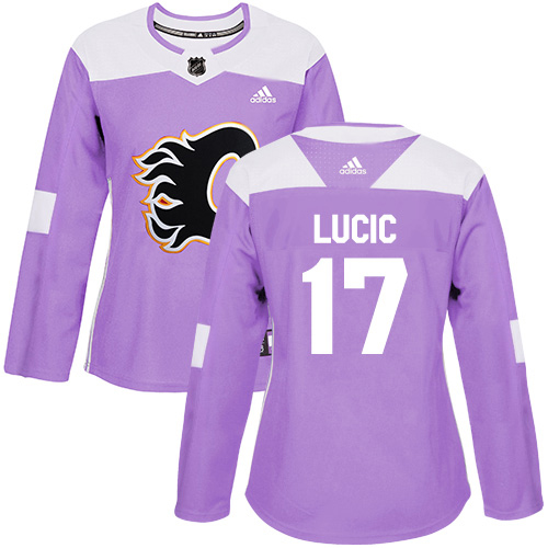 Adidas Calgary Flames #17 Milan Lucic Purple Authentic Fights Cancer Women's Stitched Jersey Womens