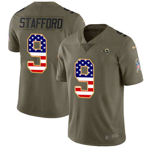 Los Angeles Rams #9 Matthew Stafford Olive/USA Flag Youth Stitched Limited 2017 Salute To Service Jersey