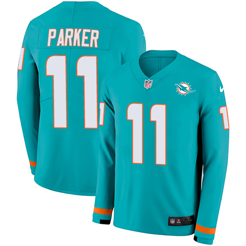 Miami Dolphins #11 DeVante Parker Aqua Green Team Color Men's Stitched Limited Therma Long Sleeve Jersey Men's