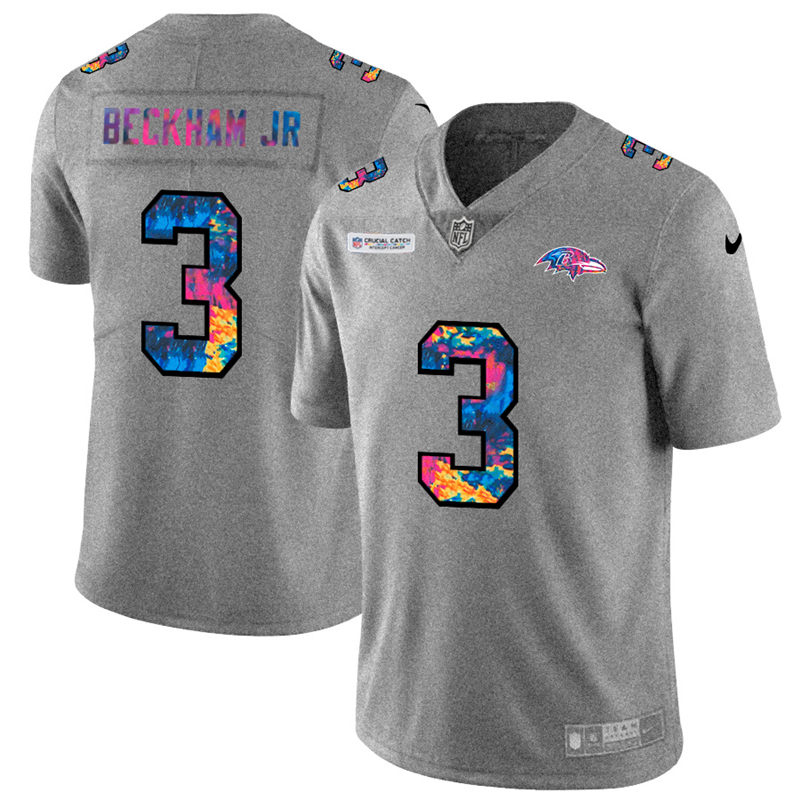 Baltimore Ravens #3 Odell Beckham Jr. Men's Multi-Color 2020 Crucial Catch Jersey Greyheather