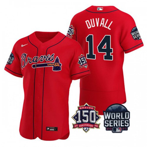 Atlanta Atlanta Braves #14 Adam Duvall Men's 150th Anniversary 2021 World Series Authentic Jersey - Red Men's