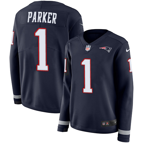 Patriots #1 DeVante Parker Navy Blue Team Color Women's Stitched Limited Therma Long Sleeve Jersey