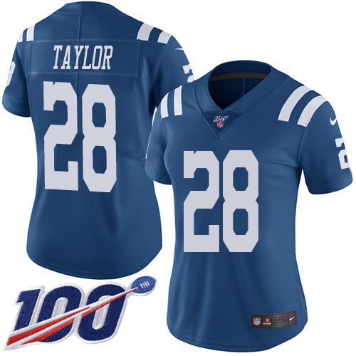 Colts #28 Jonathan Taylor Royal Blue Women's Stitched Limited Rush 100th Season Jersey