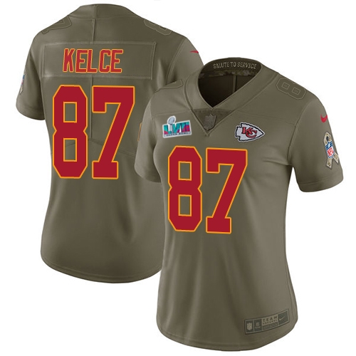 Chiefs #87 Travis Kelce Olive Super Bowl LVII Patch Women's Stitched Limited 2017 Salute To Service Jersey