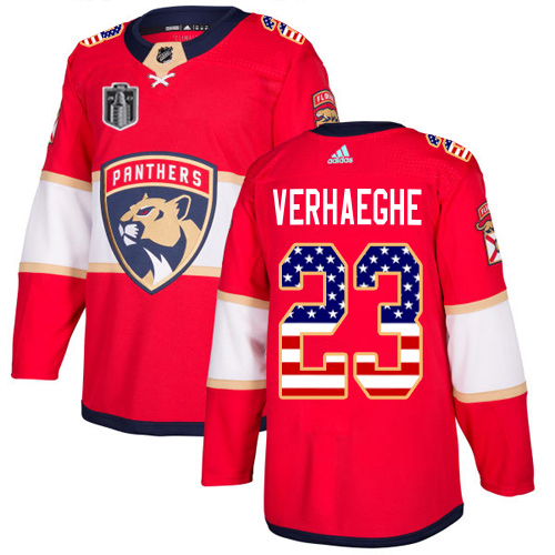 Adidas Panthers #23 Carter Verhaeghe Red 2023 Stanley Cup Final Patch Home Authentic USA Flag Stitched Youth Jersey