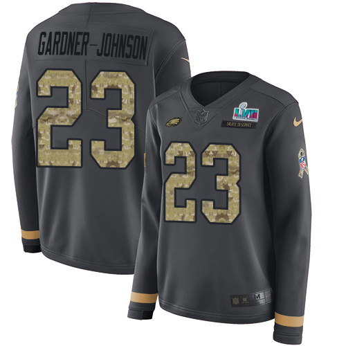 Eagles #23 C.J. Gardner-Johnson Anthracite Salute To Service Super Bowl LVII Patch Women's Stitched Limited Therma Long Sleeve Jersey
