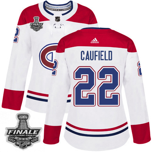 Adidas Montreal Canadiens #22 Cole Caufield White Road Authentic Women's 2021 Stanley Cup Final Patch Jersey Womens