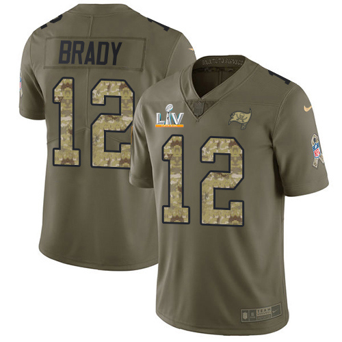 Buccaneers #12 Tom Brady Olive/Camo Youth Super Bowl LV Bound Stitched Limited 2017 Salute To Service Jersey