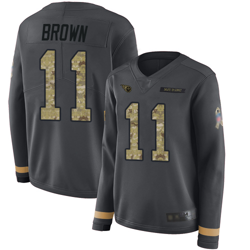 Tennessee Titans #11 A.J. Brown Anthracite Salute to Service Women's Stitched Limited Therma Long Sleeve Jersey Womens